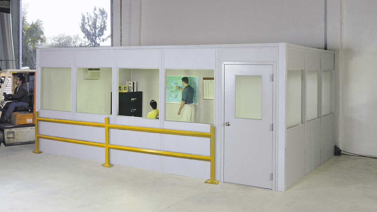 Prefabricated modular office with windows and access doors for industrial workspaces