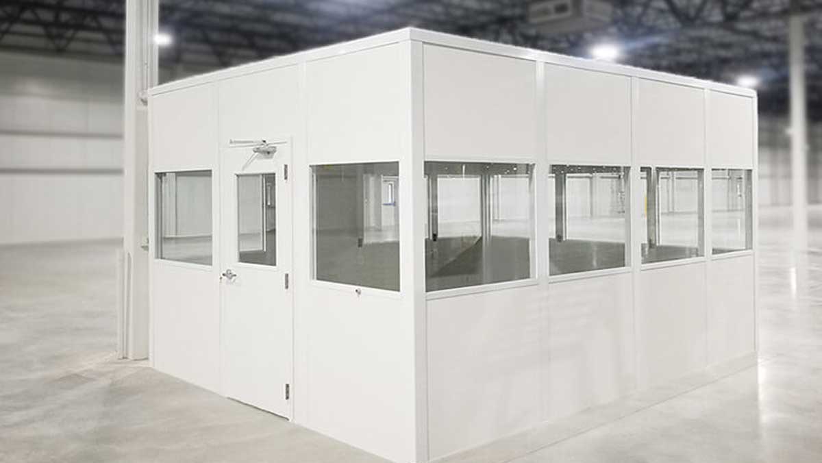 Inplant modular office in warehouse with clear windows for overseeing workspace activities