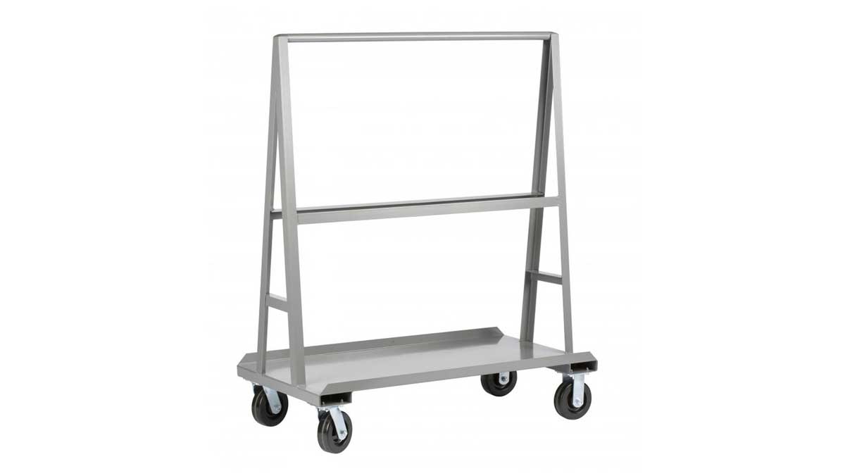 a-frame panel cart with casters for safely transporting sheet materials in warehouses and workshops