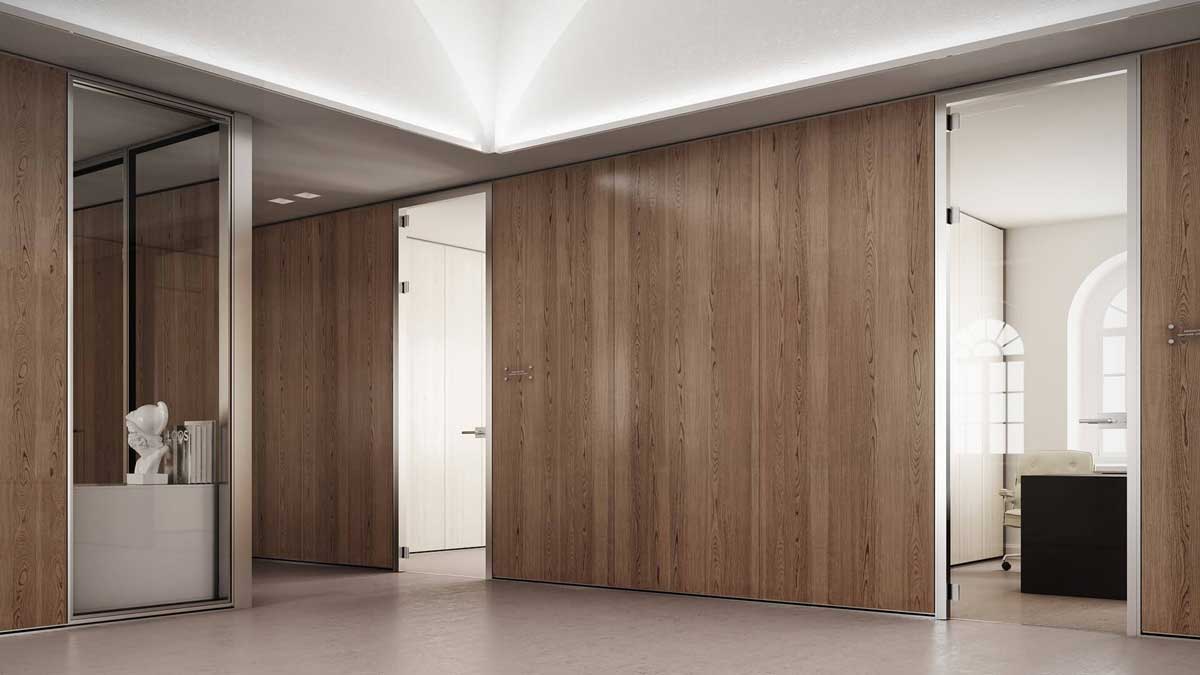 demountable office walls creating flexible room divisions with elegant panel design for modern office layouts
