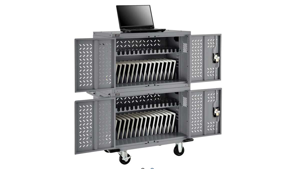 Two-tier mobile charging cart with organized device storage and top workspace