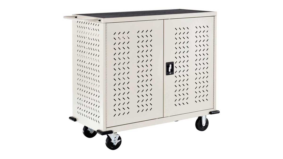 lockable mobile charging cart with ventilated panels and swivel casters for device storage
