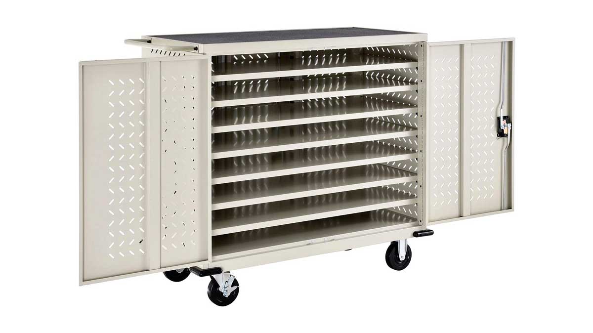 mobile charging cart with adjustable shelves for secure transport and organization of electronics