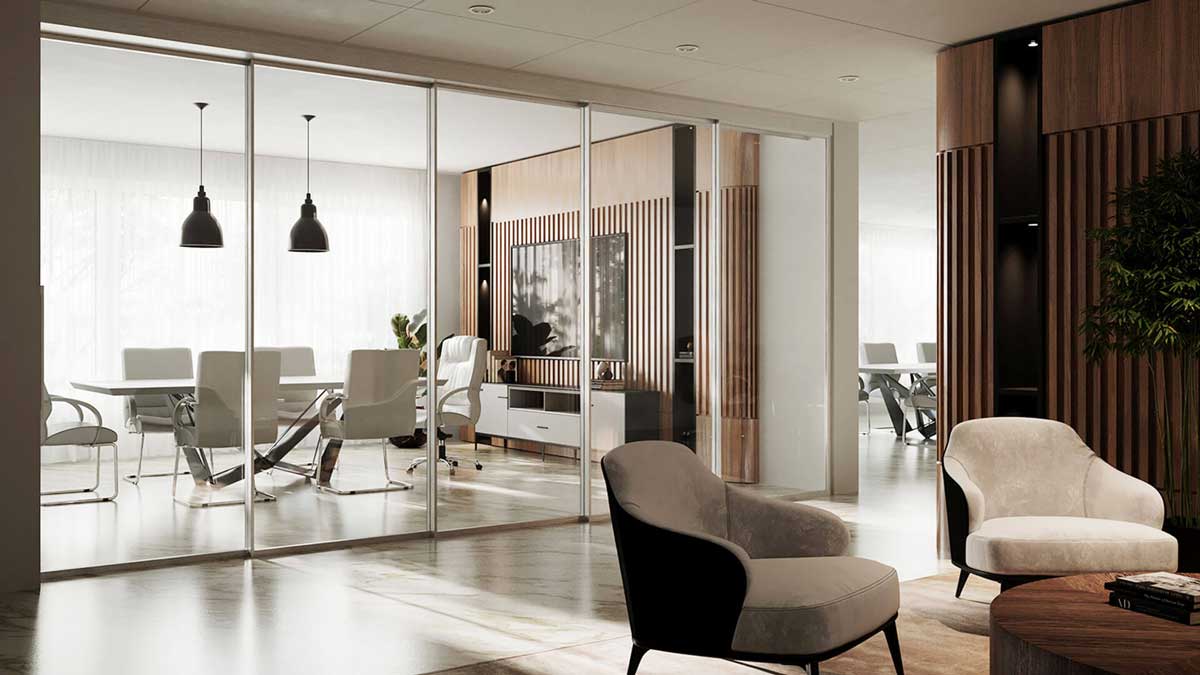 modular glass wall partitions creating adaptable office spaces with transparent partitions for natural light