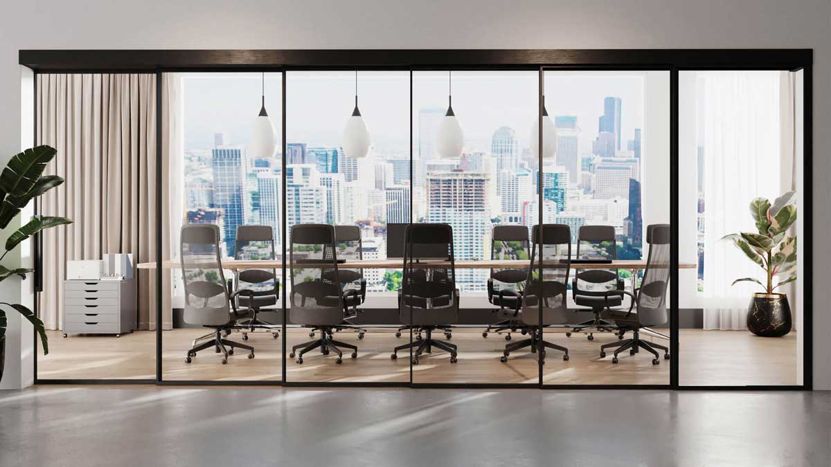 Moveable glass wall system creating transparent rooms in a modern interior
