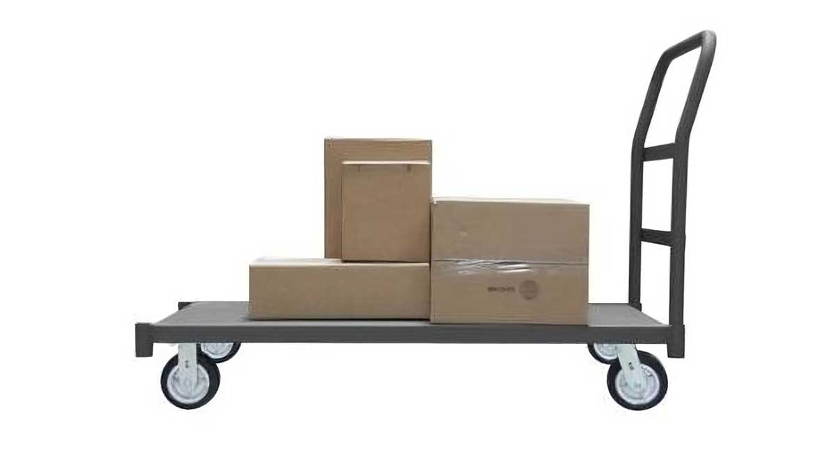 flat platform cart with push handle and casters for moving large boxes and materials in facilities