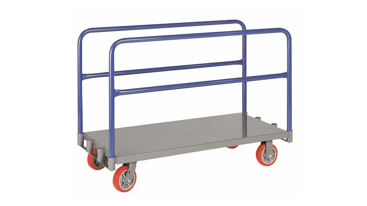 flatbed dolly cart with tubular rails for transporting panels, boards, or oversized materials
