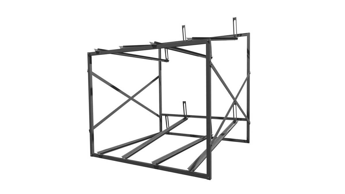 3d rendering of two tier floor mounted bike rack illustrating stacked bicycle storage design for compact areas