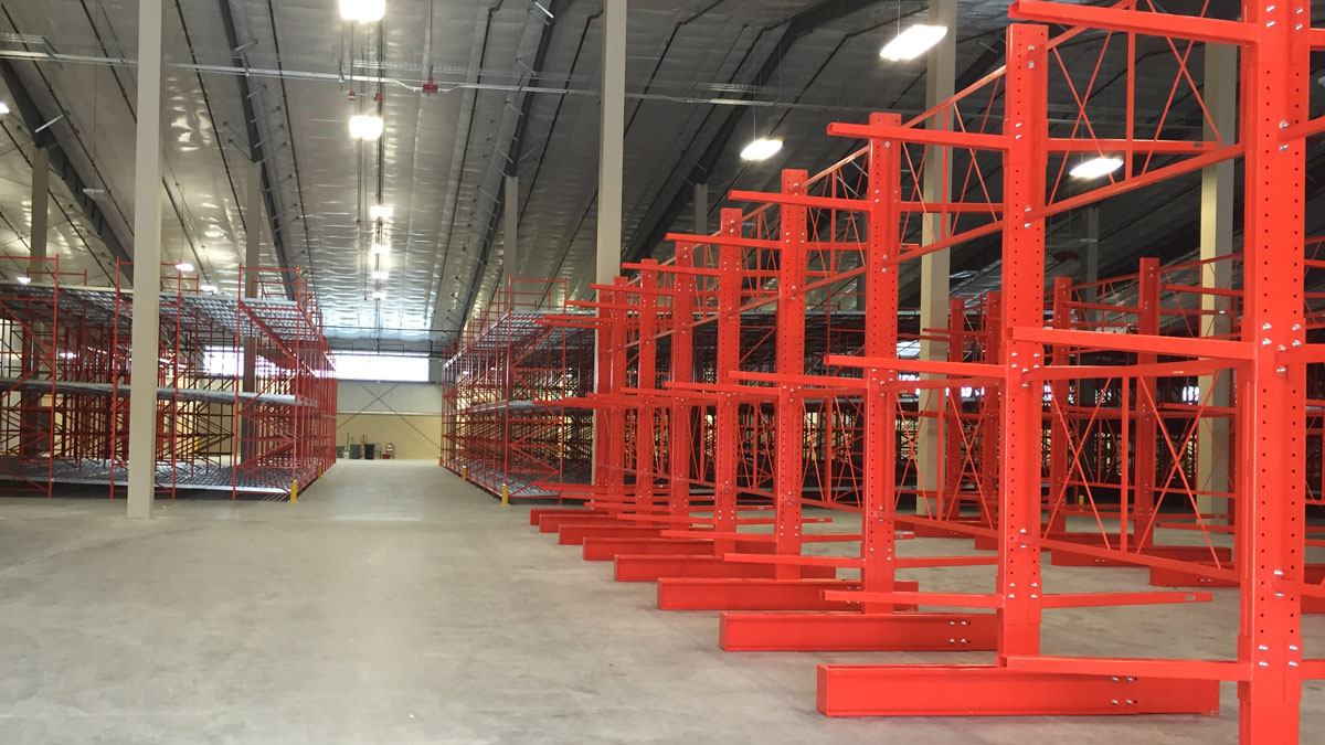 Cantilever rack used in a warehouse for organizing and storing long or bulky materials