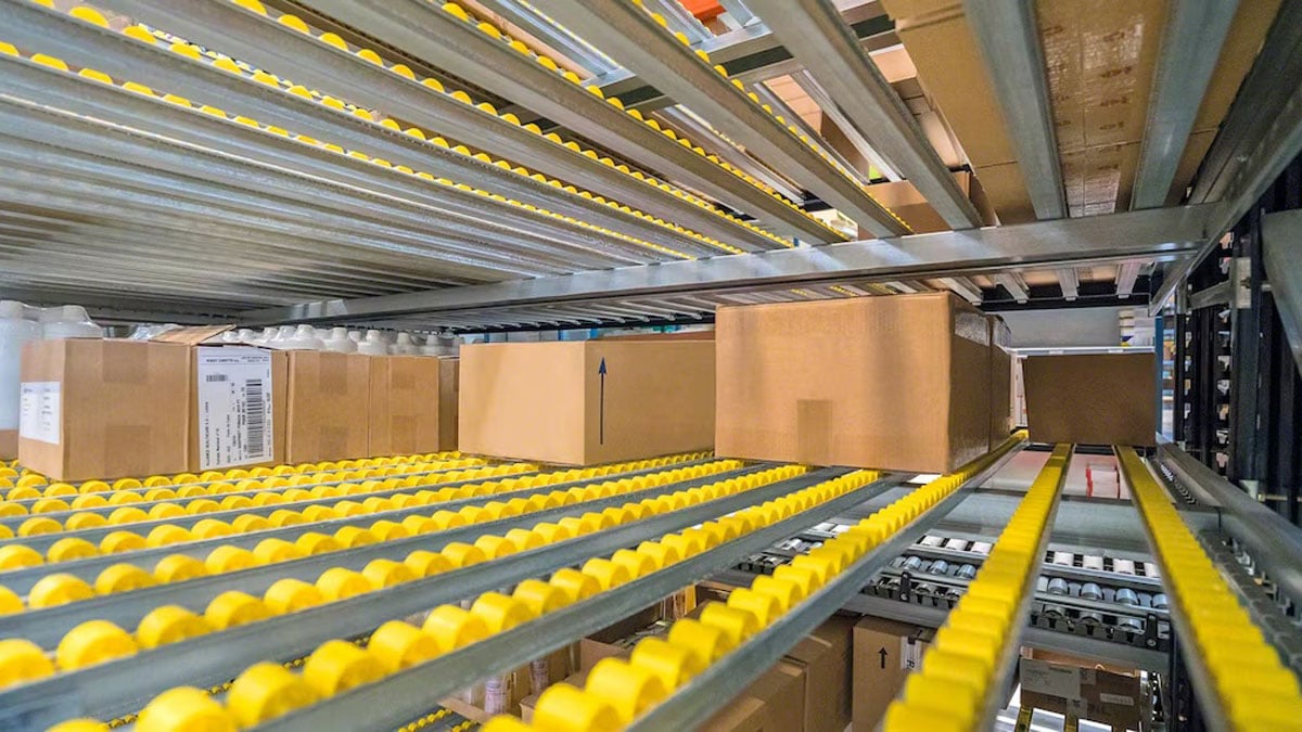 Gravity flow racking system for storing and picking boxed inventory in a warehouse environment