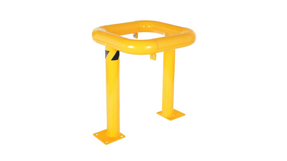 tubular guard barrier mounted around column base to shield structural support from forklift collisions
