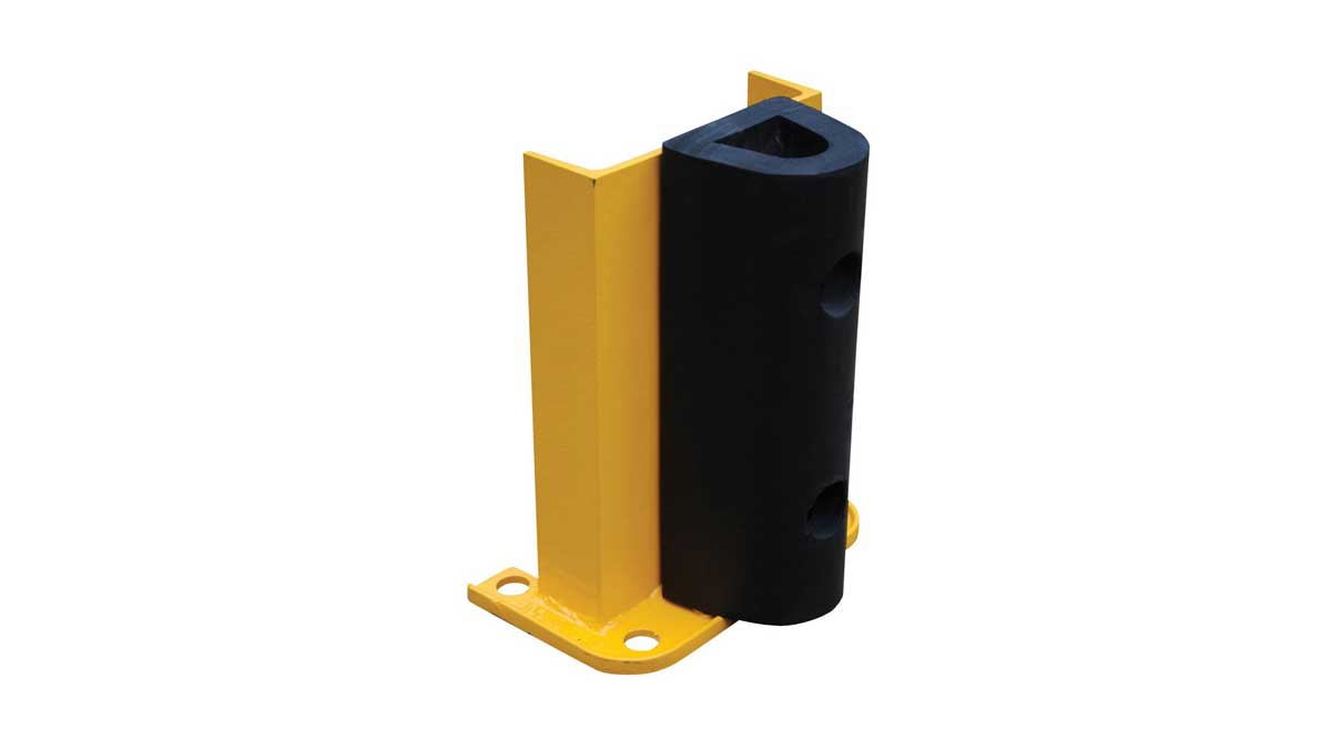 base guard bar installed at rack foot to absorb impact and protect uprights from warehouse vehicle collisions