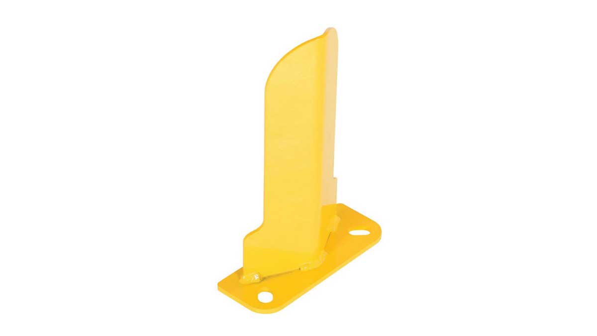 end post guard mounted at pallet rack end to absorb impact and protect end post from forklift collisions
