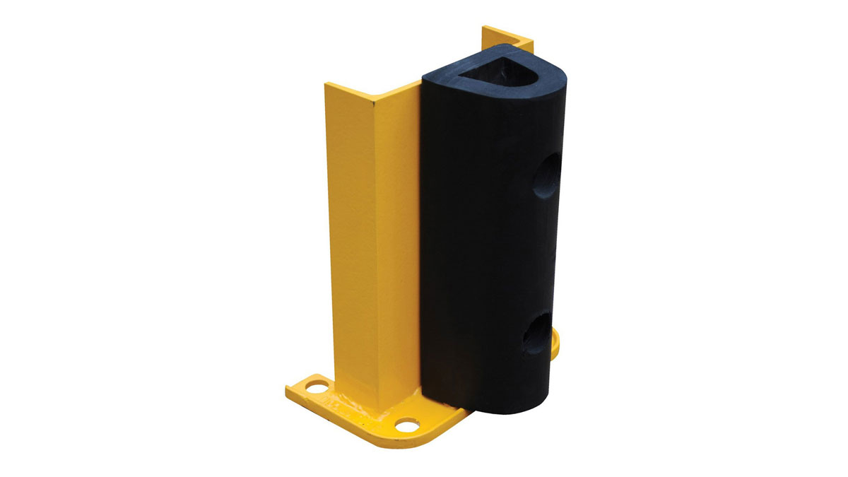 channel guard and rubber buffer kit mounted on pallet rack upright to absorb impacts and prevent post damage