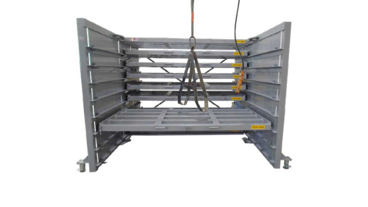 Gray industrial sheet metal storage rack featuring integrated lifting eyes and roller-mounted horizontal shelves for heavy panels.