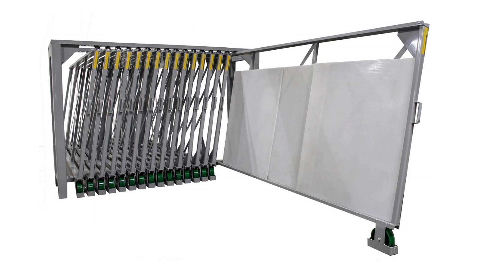 Blue powder-coated steel rack with four horizontal platforms for stacking large sheets