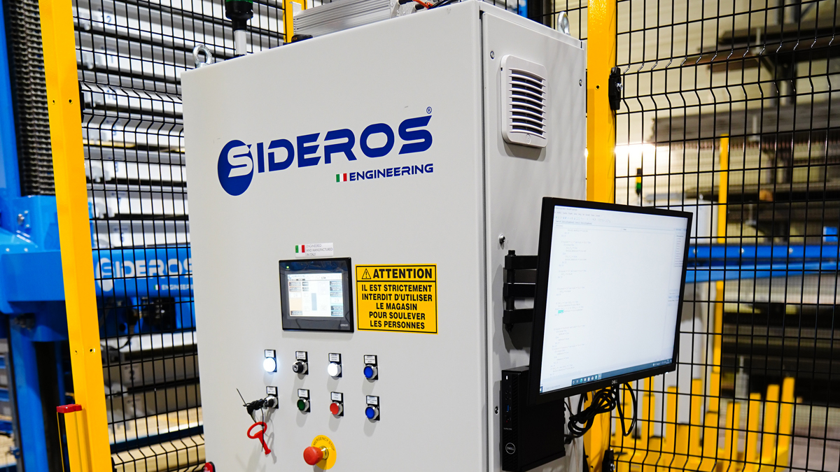 industrial automation control panel with touch screen interface for operating sheet metal storage system