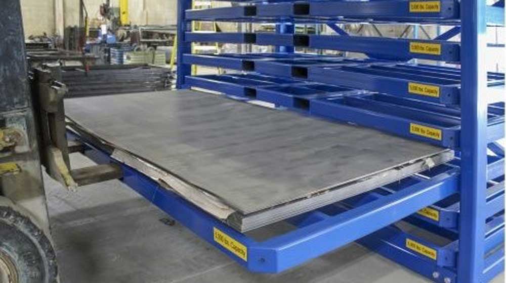 roll-out platform on sheet metal rack enabling forklift loading of flat sheets 