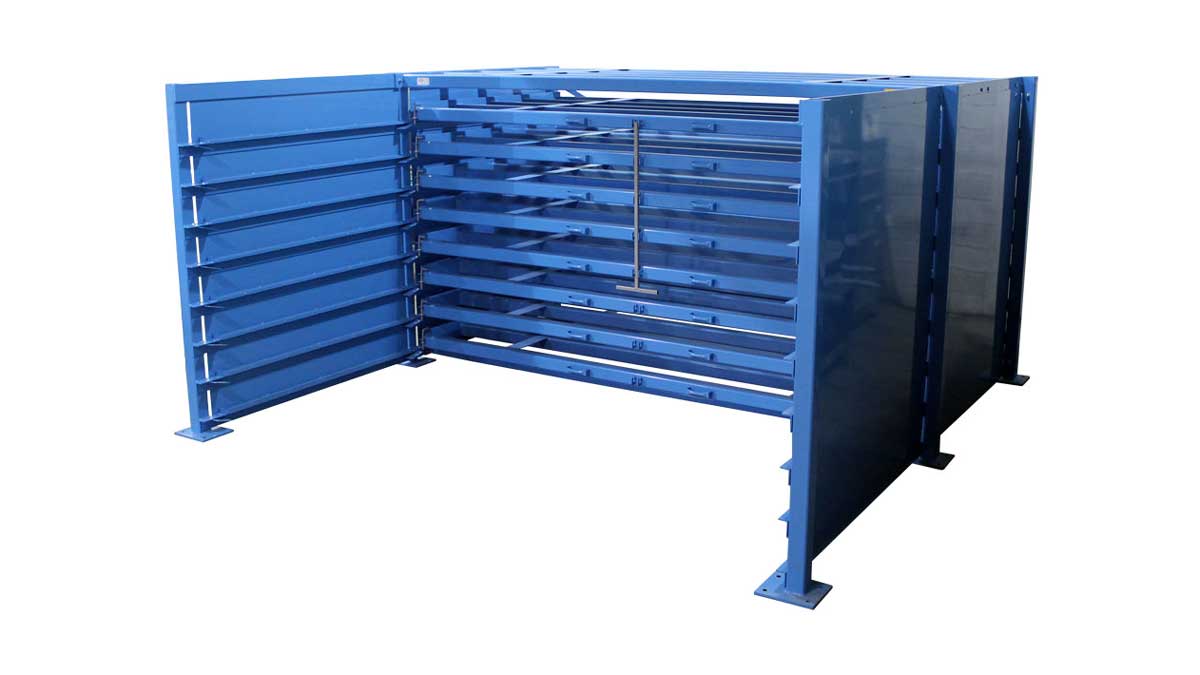 sheet metal rack organizing flat stock vertically for fast selection