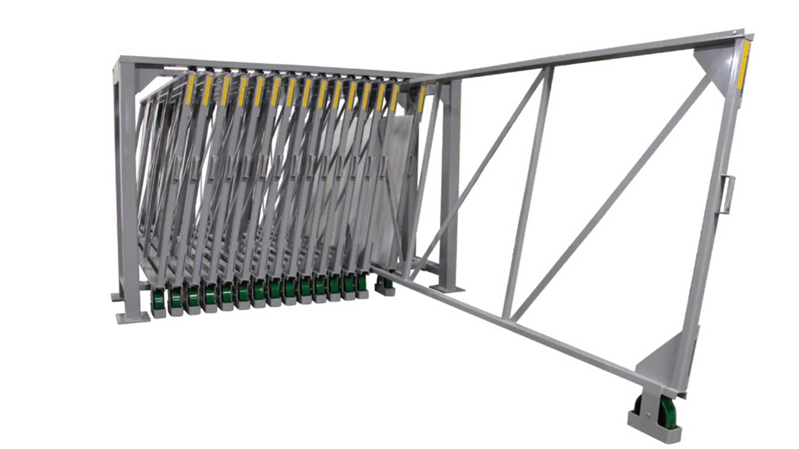 Gray steel swing-out rack holding multiple angled sheet-metal profiles, each seated on green roller wheels for safe vertical access