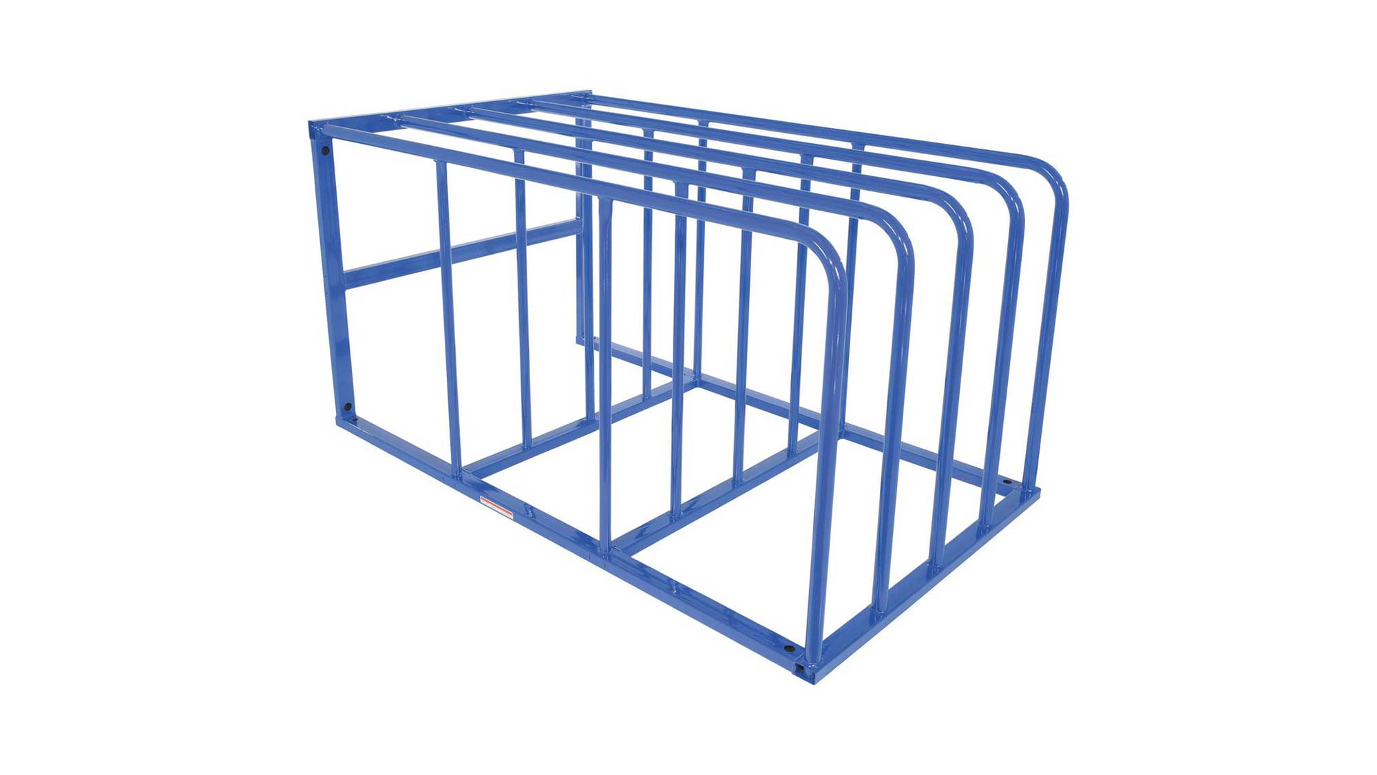 Blue powder-coated steel frame with five vertical slots designed for roll-through sheet metal storage against a white background