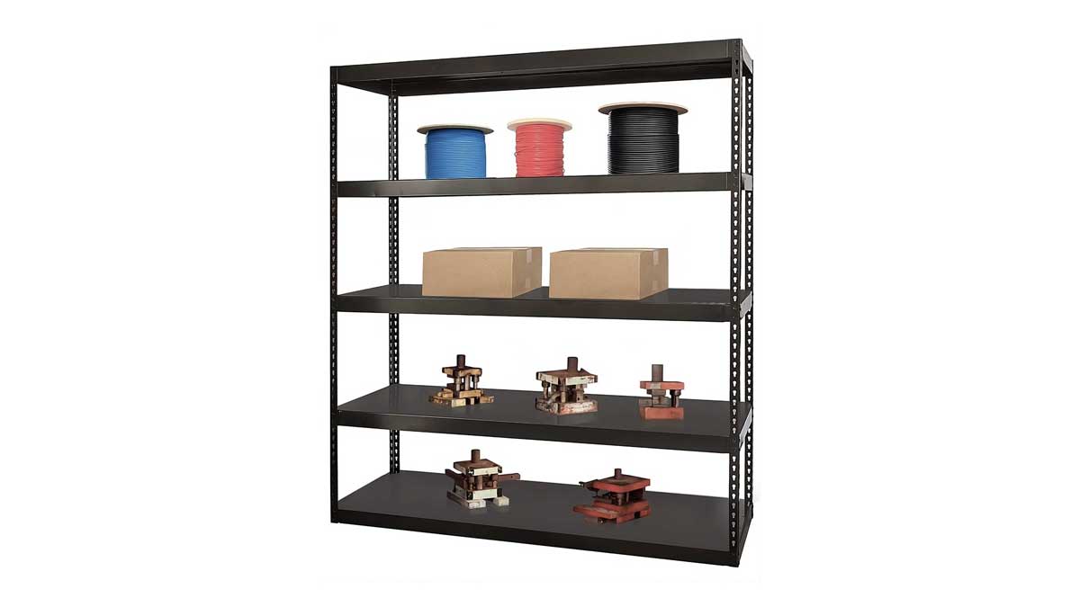 Heavy-duty industrial shelving with adjustable steel shelves for storing heavy items and tools in warehouse or industrial settings