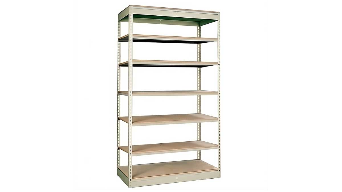 wide-span boltless shelving with wooden shelves designed for storing bulky goods and equipment in industrial and commercial spaces