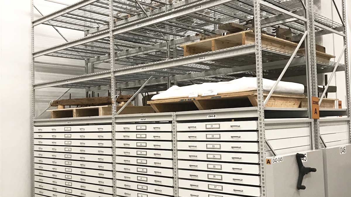 mechanical assist wide span shelving with extra-wide drawers and trays for flexible storage solutions