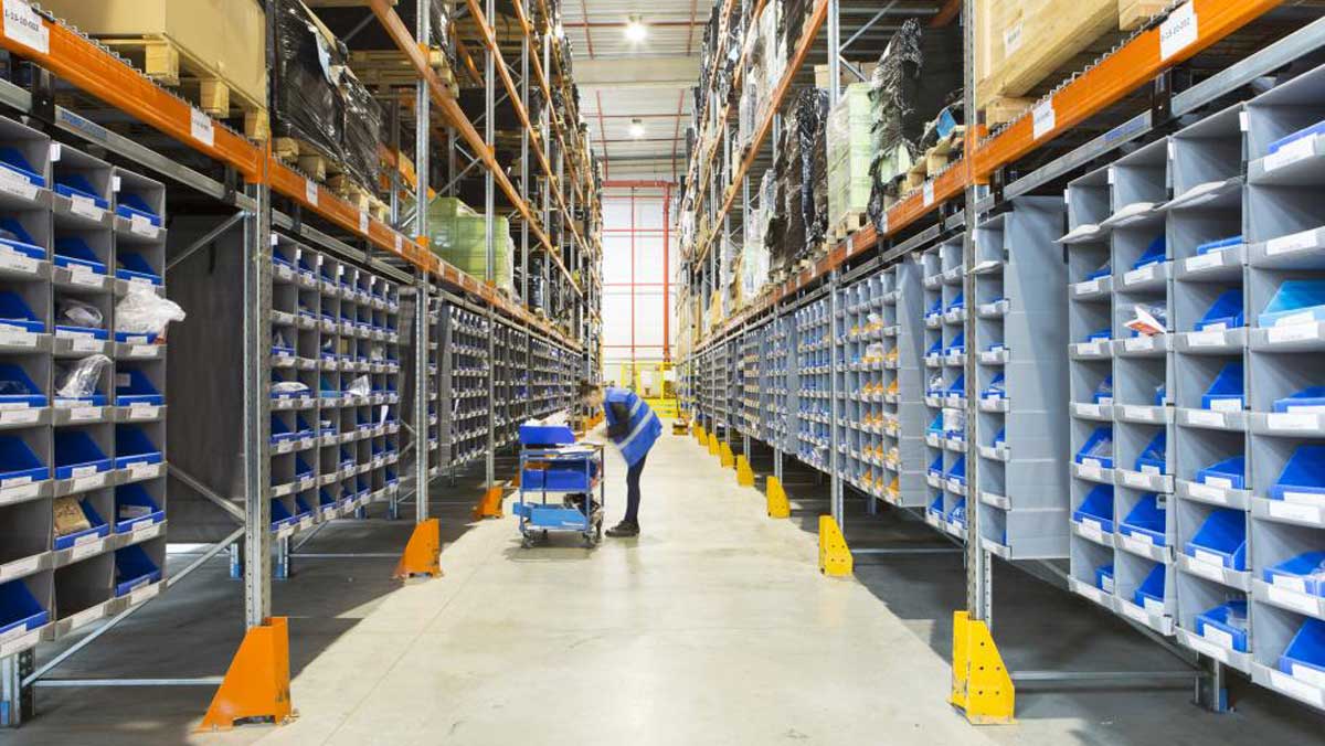 warehouse storage bins filled with aerospace parts for precise inventory management