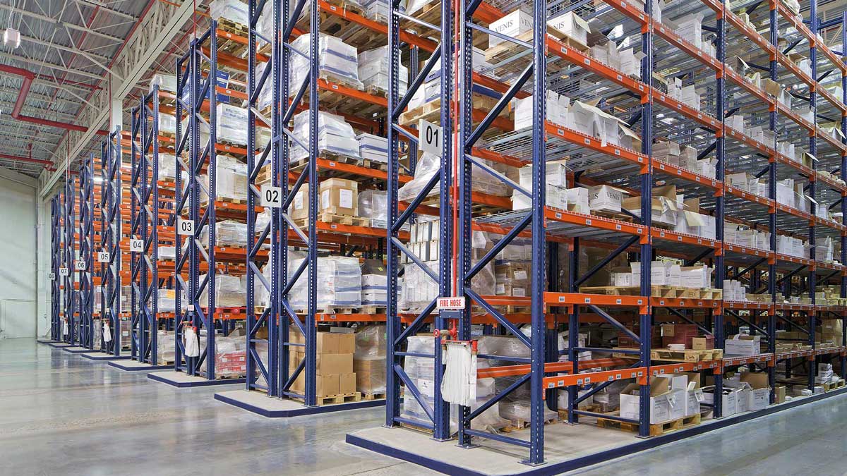 multilevel pallet racking system accommodating a variety of palletized loads in warehouse