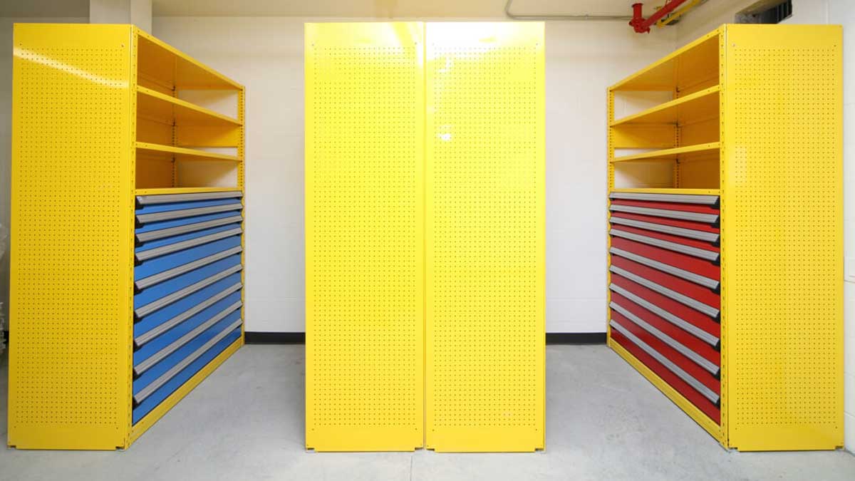 Warehouse racking and shelving with drawers for organized secure storage
