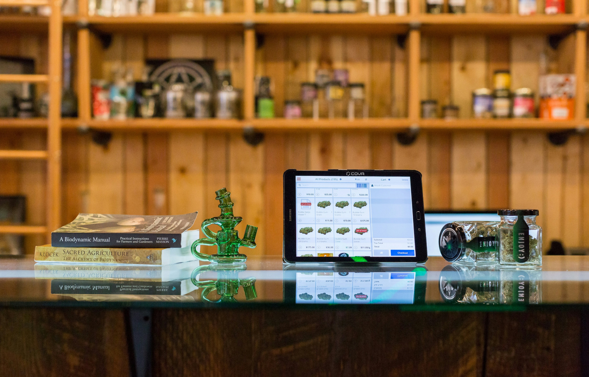 cannabis retail checkout counter display for dispensary point of sale workflow