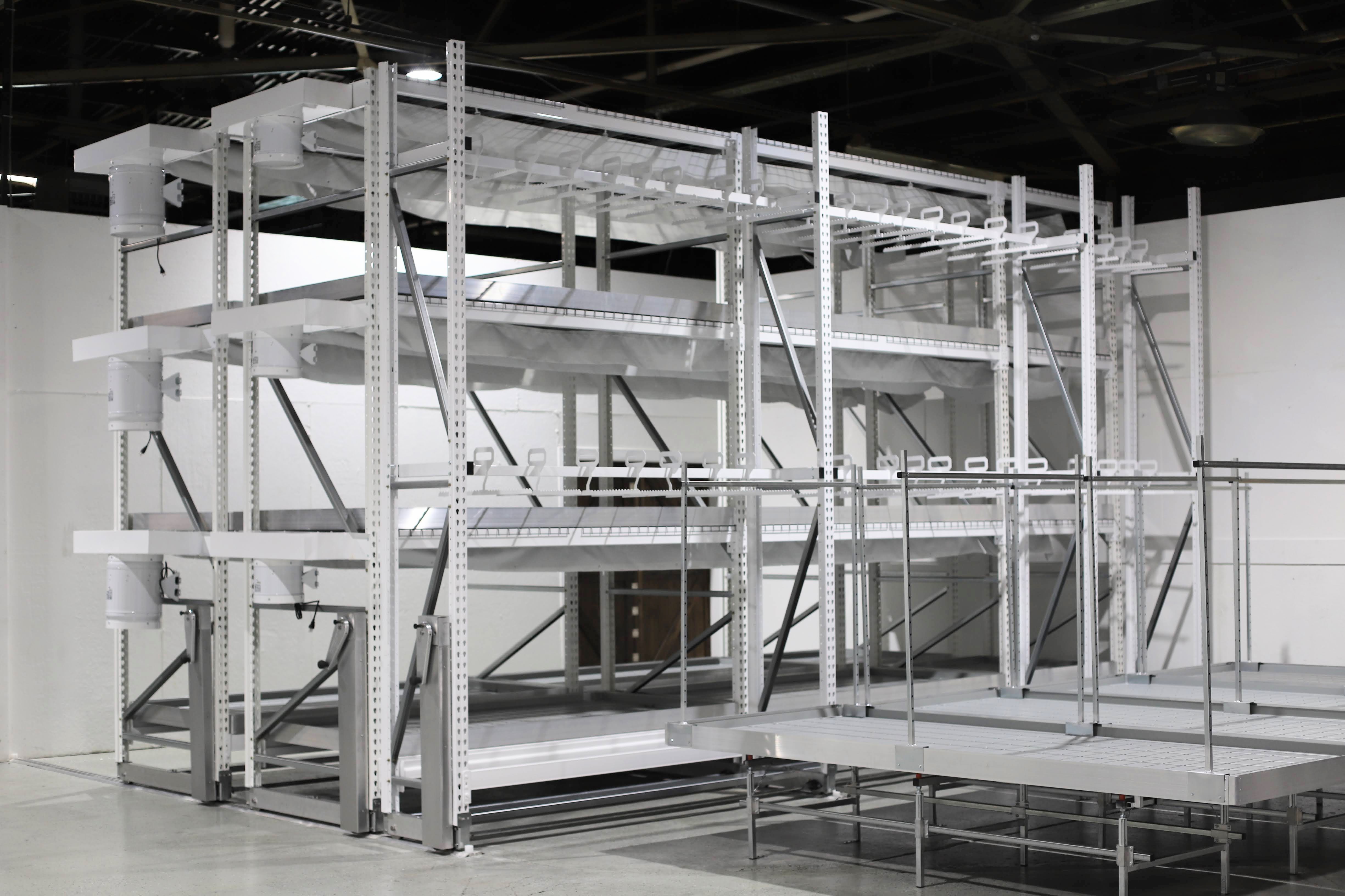Industrial multi-level horticulture racking with rolling benches in a cannabis cultivation showroom