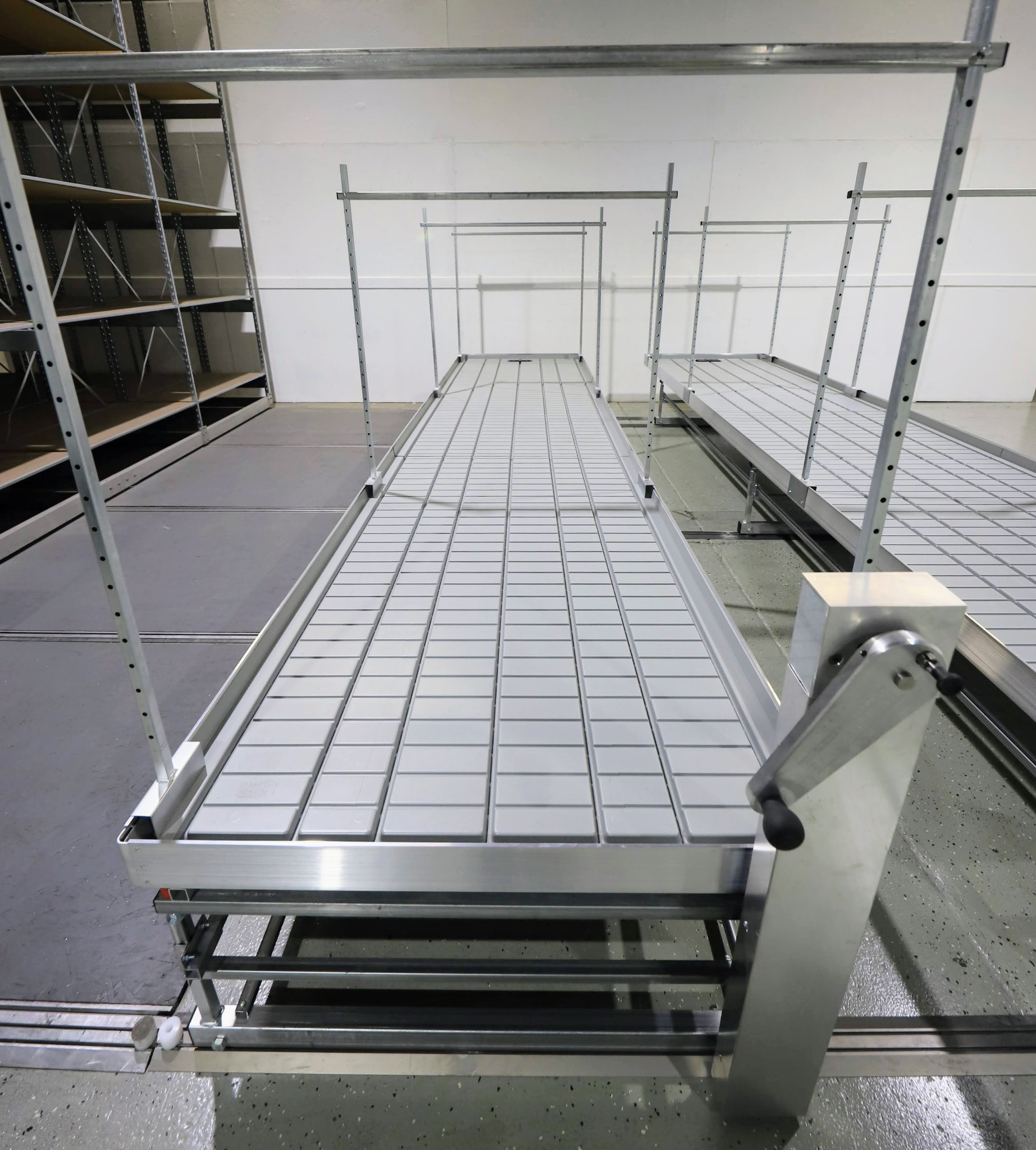 Industrial platform floor track detail for guided floor mounted platform alignment