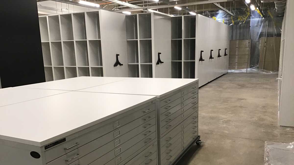Compact drawers and shelving in museum art storage