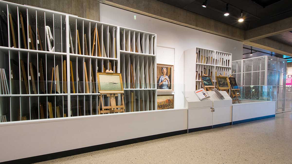 Slotted shelving system at the Ohio History Center for easy access and safe storage of historical and archival collections