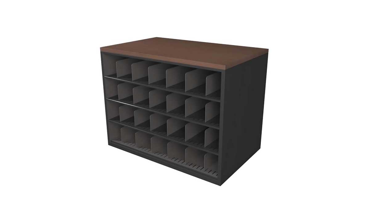 low-profile shelving unit with cubby compartments for organizing rolled and folded blueprints at work height