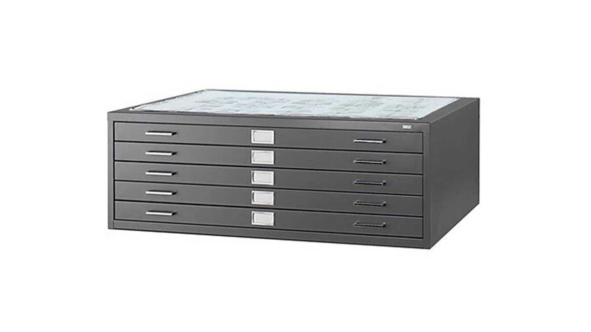 cabinet with five shallow drawers designed for flat storage and viewing of large blueprint and plan sheets