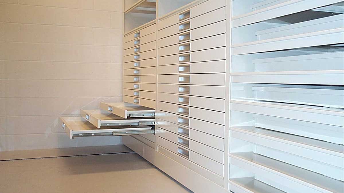 Wall of flat file blueprint drawers