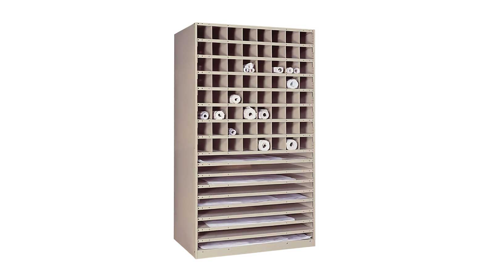 storage rack with cubby shelves for rolled blueprints and flat shelves for organizing architectural plans