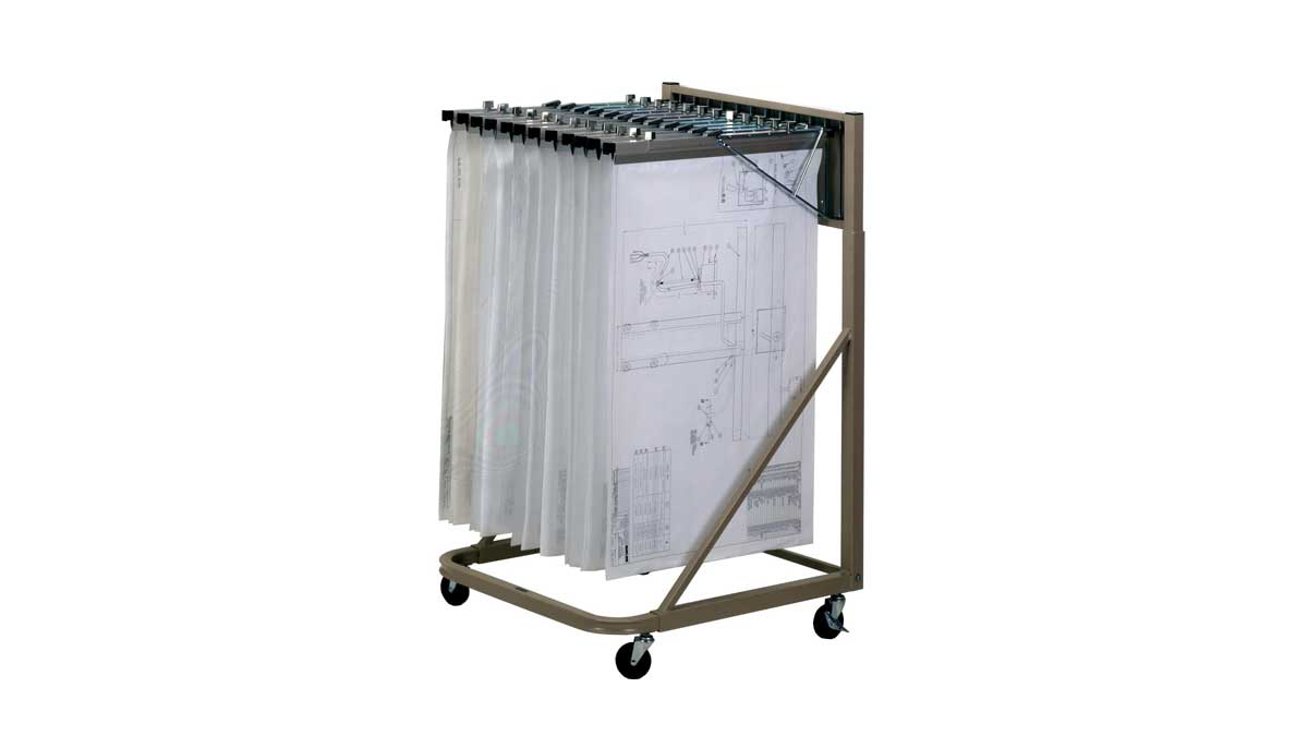 wheeled cart with hanging rails and sleeves to transport and display blueprint sheets securely