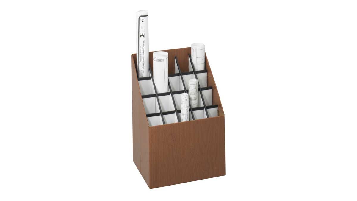 tabletop grid organizer with divided slots to hold rolled plans and blueprints upright for neat sorting