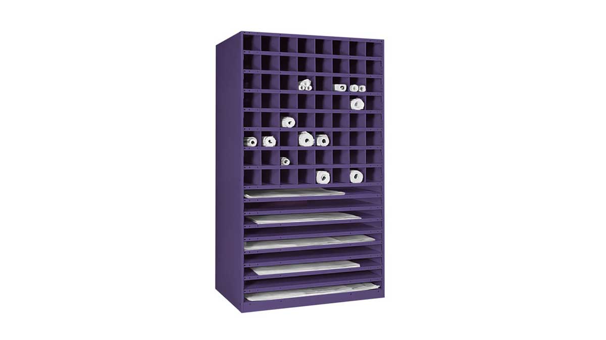 freestanding frame with two levels of hanging rails to separate and display blueprint sheets