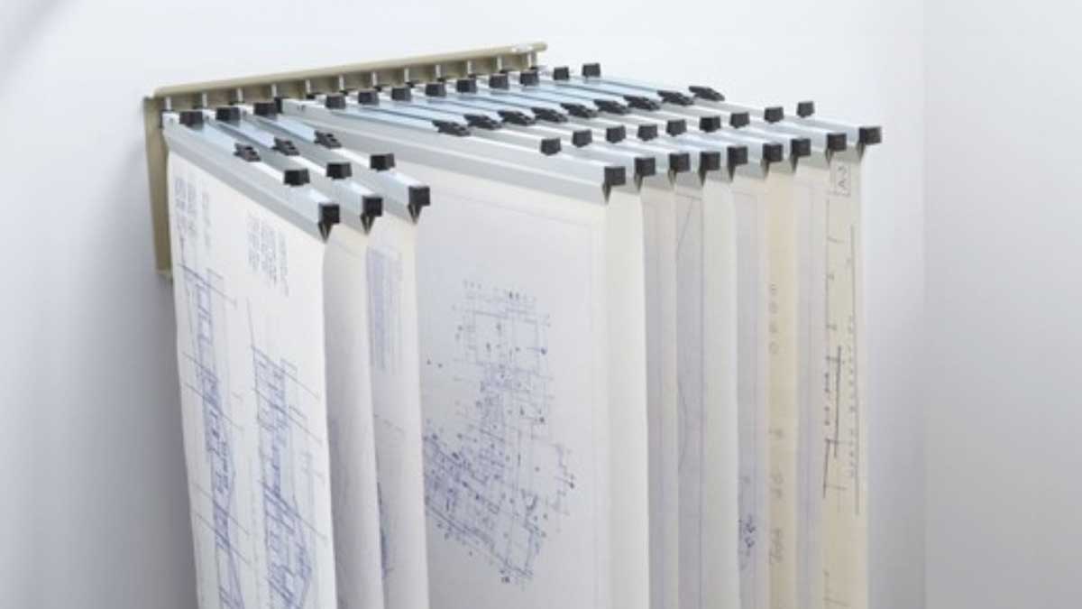 Wall‑mounted hanging blueprint rack