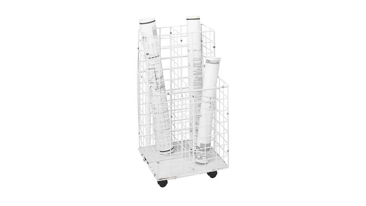 wire-grid cart on casters with divided sections for storing and moving rolled drawing and blueprint tubes