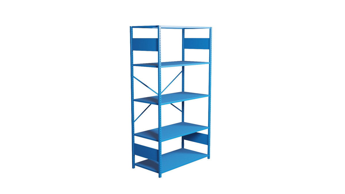 Blue industrial shelving unit with four sturdy steel shelves designed for heavy duty storage