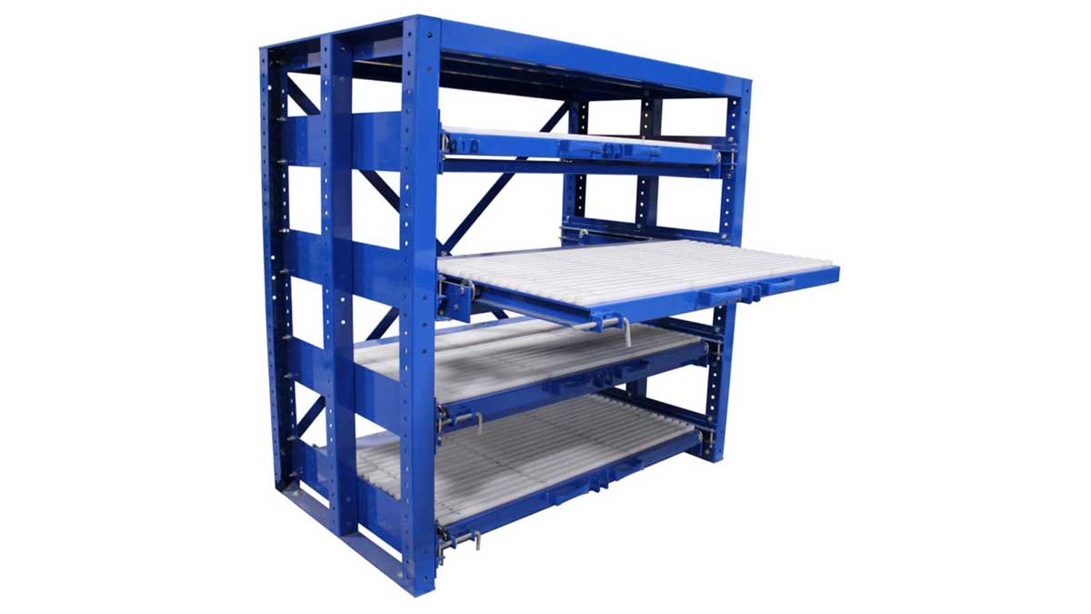heavy-duty industrial shelving configured as roll-out die racks for tooling storage