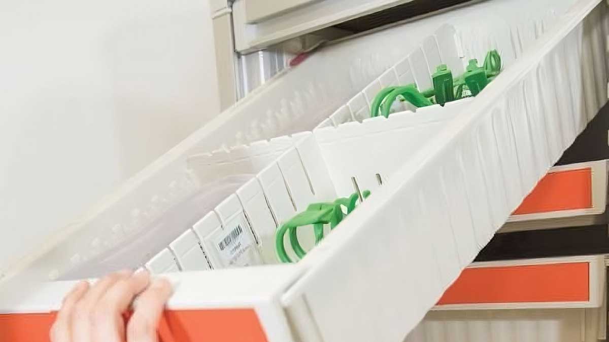 angled view of cart with removable basket drawers for medical supply organization