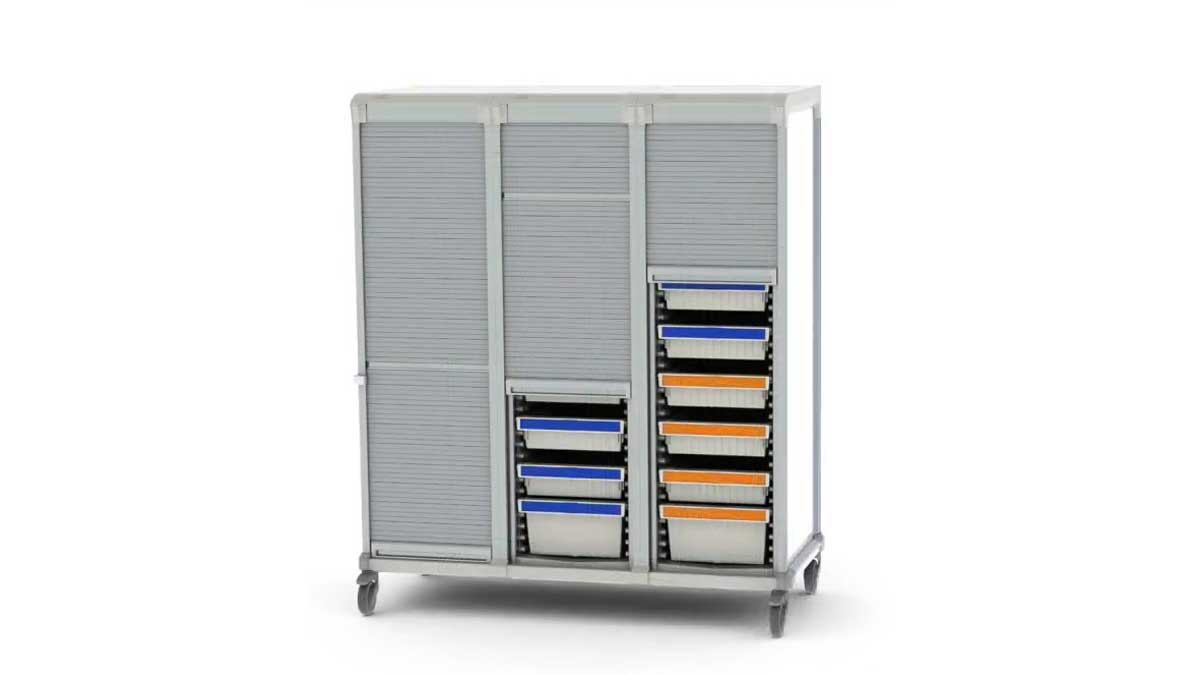 mobile medical cart with roller shutter doors concealing removable supply drawers for secure storage