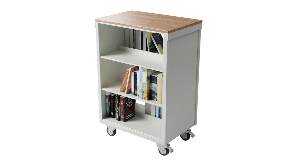 Rolling library book cart with multiple shelves for easy book transport